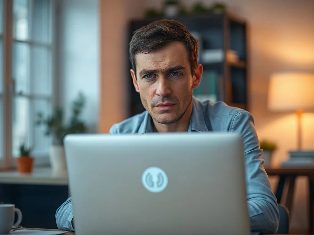 Zirytowany mężczyzna przed laptopem z ikoną braku połączenia z siecią Wi-Fi, ilustrującą problem z dostępem do internetu.