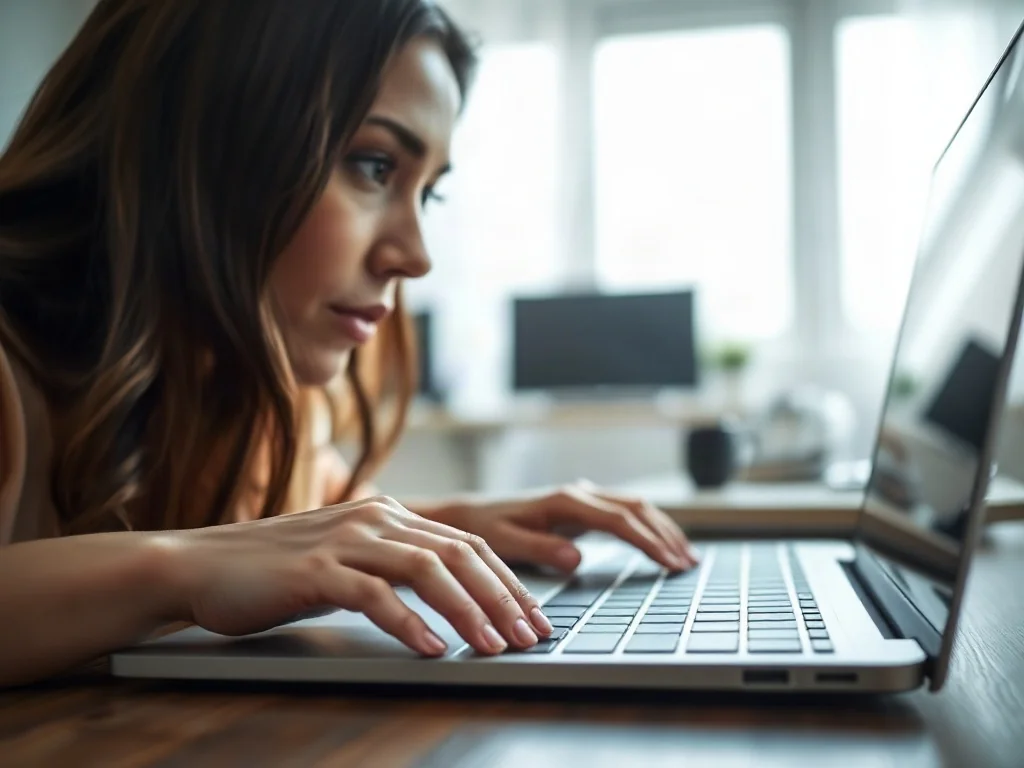 Kobieta pisząca na klawiaturze laptopa w nowoczesnym biurze, ilustrująca szybką pracę z tekstem.