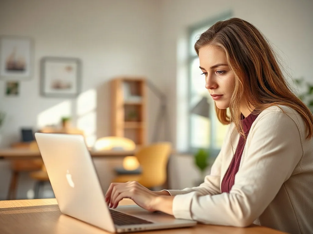 Kobieta pracująca przy laptopie w jasnym, nowoczesnym biurze domowym, skupiona na edycji dokumentu.