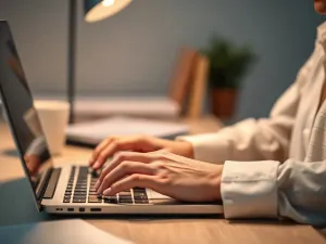 Zatroskana kobieta przy laptopie w biurze, ilustrująca sytuację pomyłkowego wysłania wiadomości e-mail w programie Outlook.