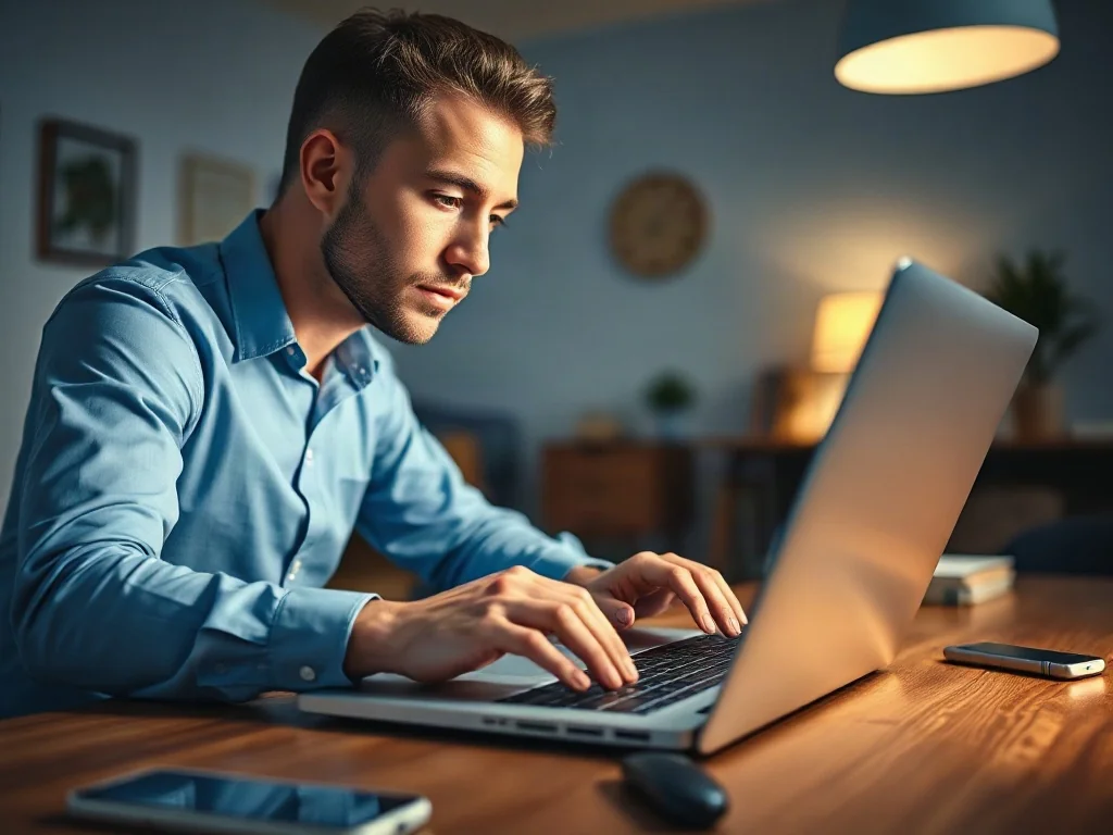 Mężczyzna pracujący przy nowoczesnym laptopie w domowym biurze podczas procesu aktualizacji systemu.