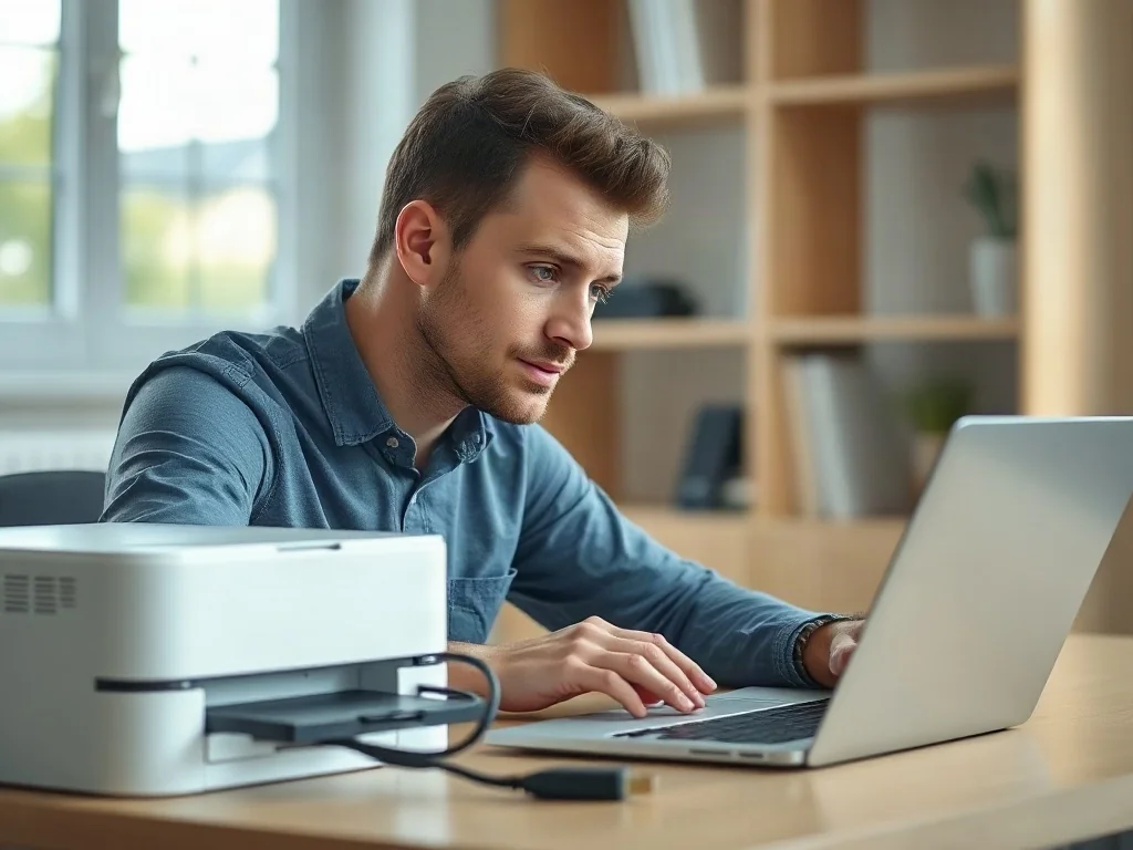 Mężczyzna podłączający nowoczesną drukarkę do laptopa za pomocą kabla USB w domowym biurze.