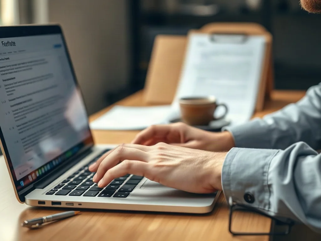 Dłonie osoby pracującej na laptopie nad dokumentem z widocznym przypisem dolnym w programie Word.