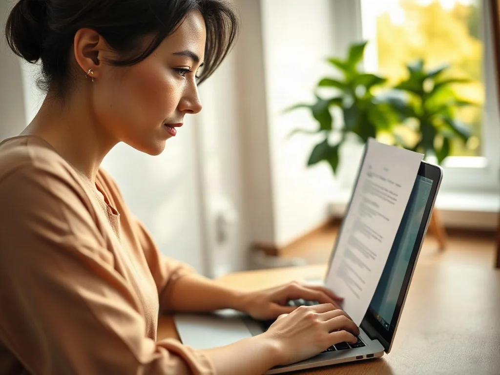 Kobieta pracująca na laptopie w jasnym biurze, edytująca dokument tekstowy w programie Word.