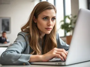 Kobieta przy biurku trzyma wydrukowaną winietkę, obok której leżą nożyczki i laptop z otwartym edytorem tekstu.