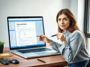 Kobieta pisząca na klawiaturze laptopa w nowoczesnym biurze, ilustrująca szybką pracę z tekstem.