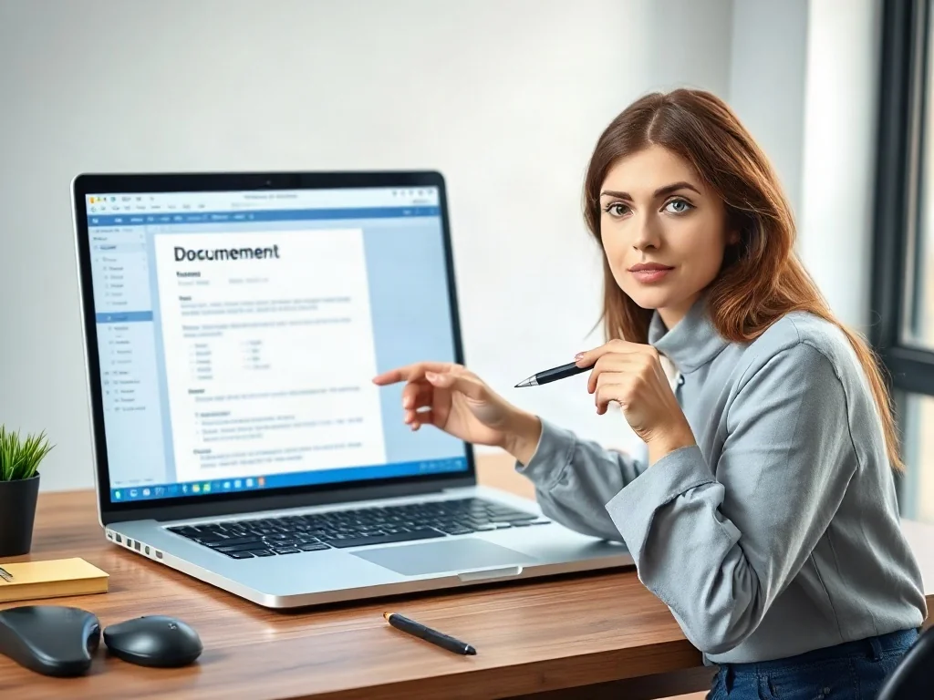Kobieta wskazuje długopisem na ekran laptopa z otwartym menu układu strony w programie Word.