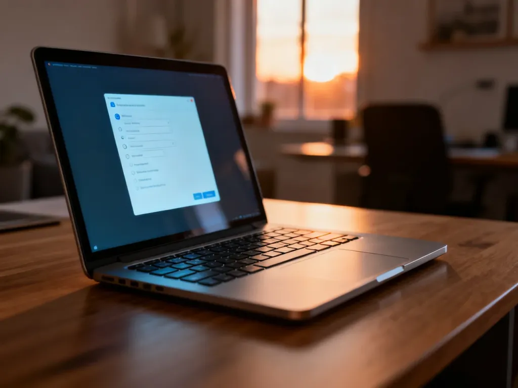 Nowoczesny laptop na biurku w domowym biurze, ilustrujący proces zmiany ustawień systemowych w Windows 10.