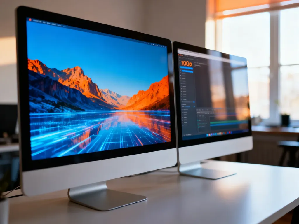 Dwa monitory ustawione obok siebie, prezentujące różnicę w jakości obrazu między rozdzielczością 4K a 1080p.