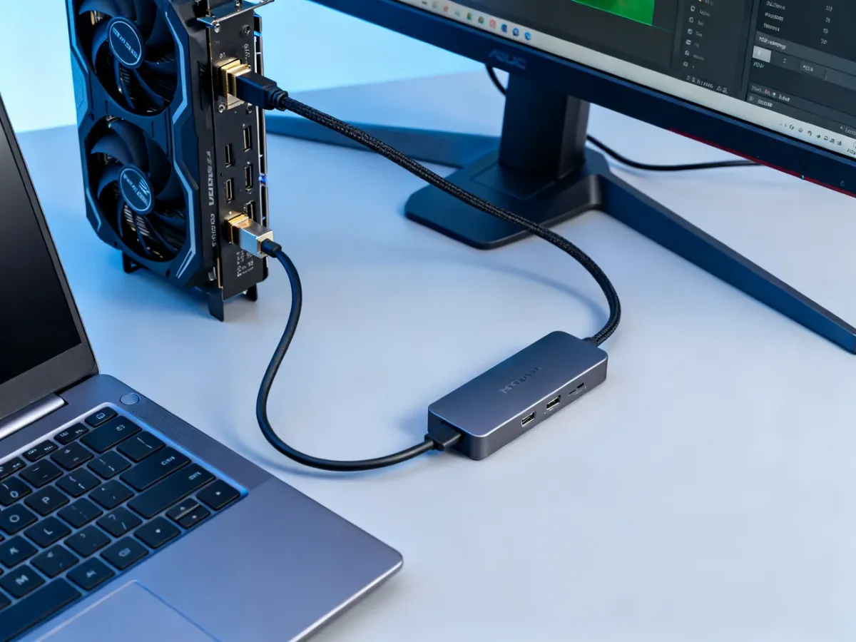 Stanowisko komputerowe z kartą graficzną, monitorem i połączeniem DisplayPort