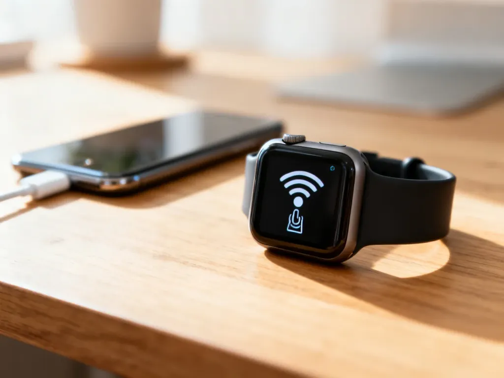 Apple Watch z widoczną ikoną zasięgu sieci na minimalistycznym biurku, gotowy do konfiguracji eSIM.