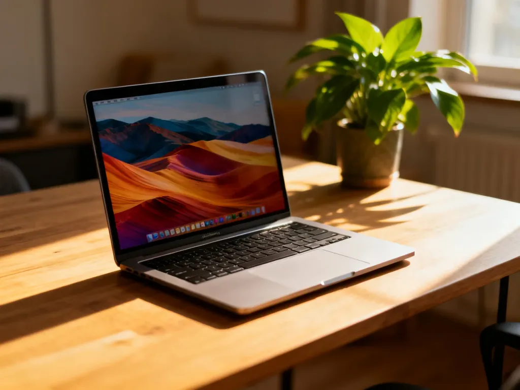 Otwarty MacBook Pro na drewnianym biurku z wyświetloną kolorową tapetą w przytulnym domowym biurze.