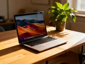 Dłonie kobiety piszące na klawiaturze nowoczesnego laptopa w jasnym, domowym biurze.