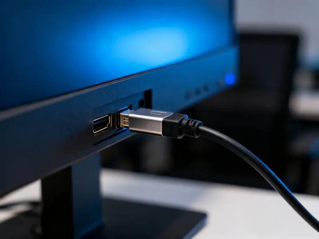 Kabel DisplayPort wpięty do portu w tylnym panelu monitora. Zbliżenie na złącze w profesjonalnym, nowoczesnym biurze.