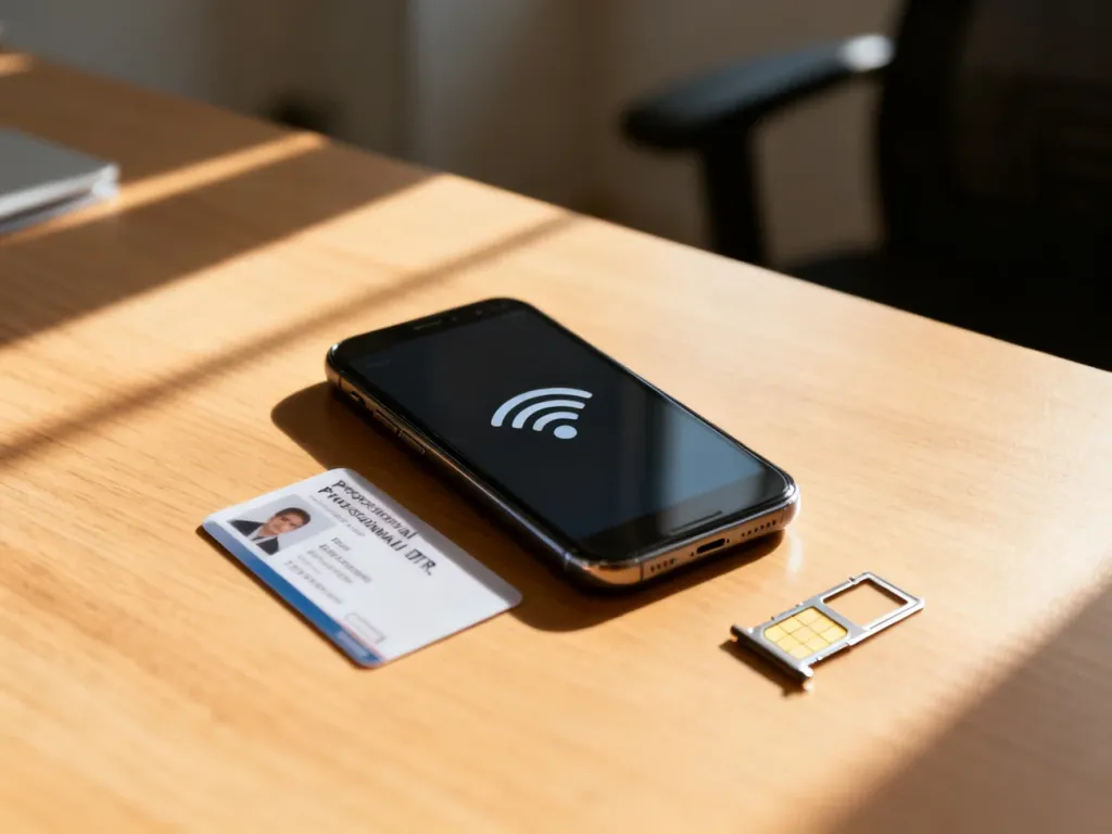 Smartfon z kartą SIM i dokumentem tożsamości na biurku, ilustrujący proces rejestracji numeru w sieci Orange.