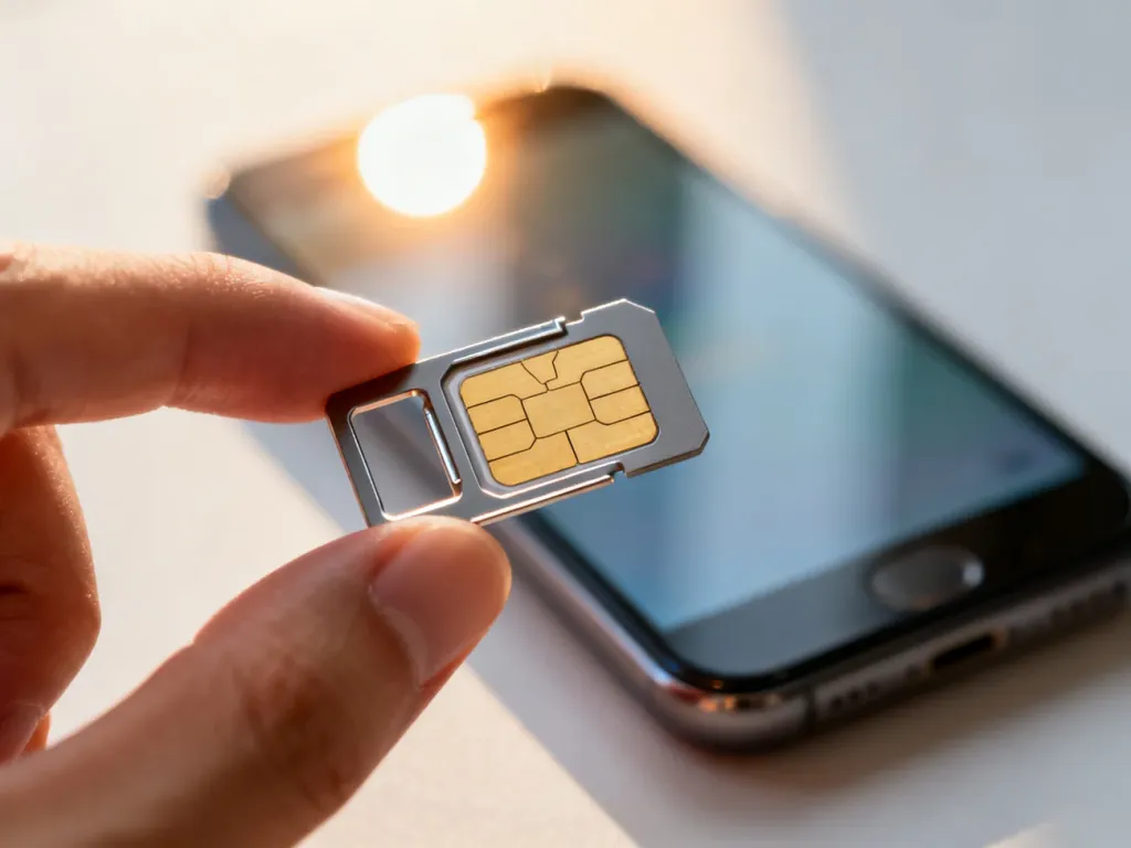 Karta SIM trzymana w palcach na tle rozświetlonego ekranu smartfona, gotowa do aktywacji w telefonie.