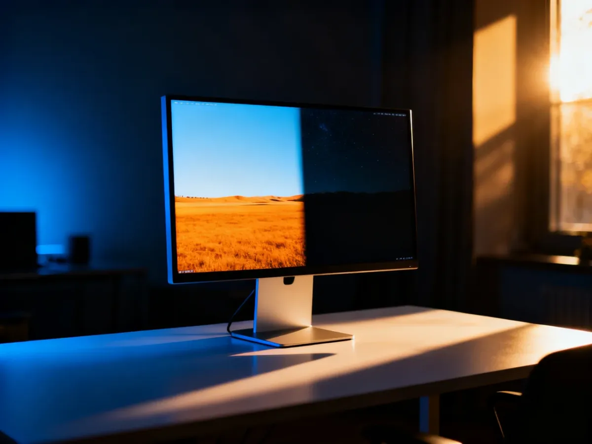 Monitor prezentujący obraz HDR z jasnymi światłami i głębokimi cieniami