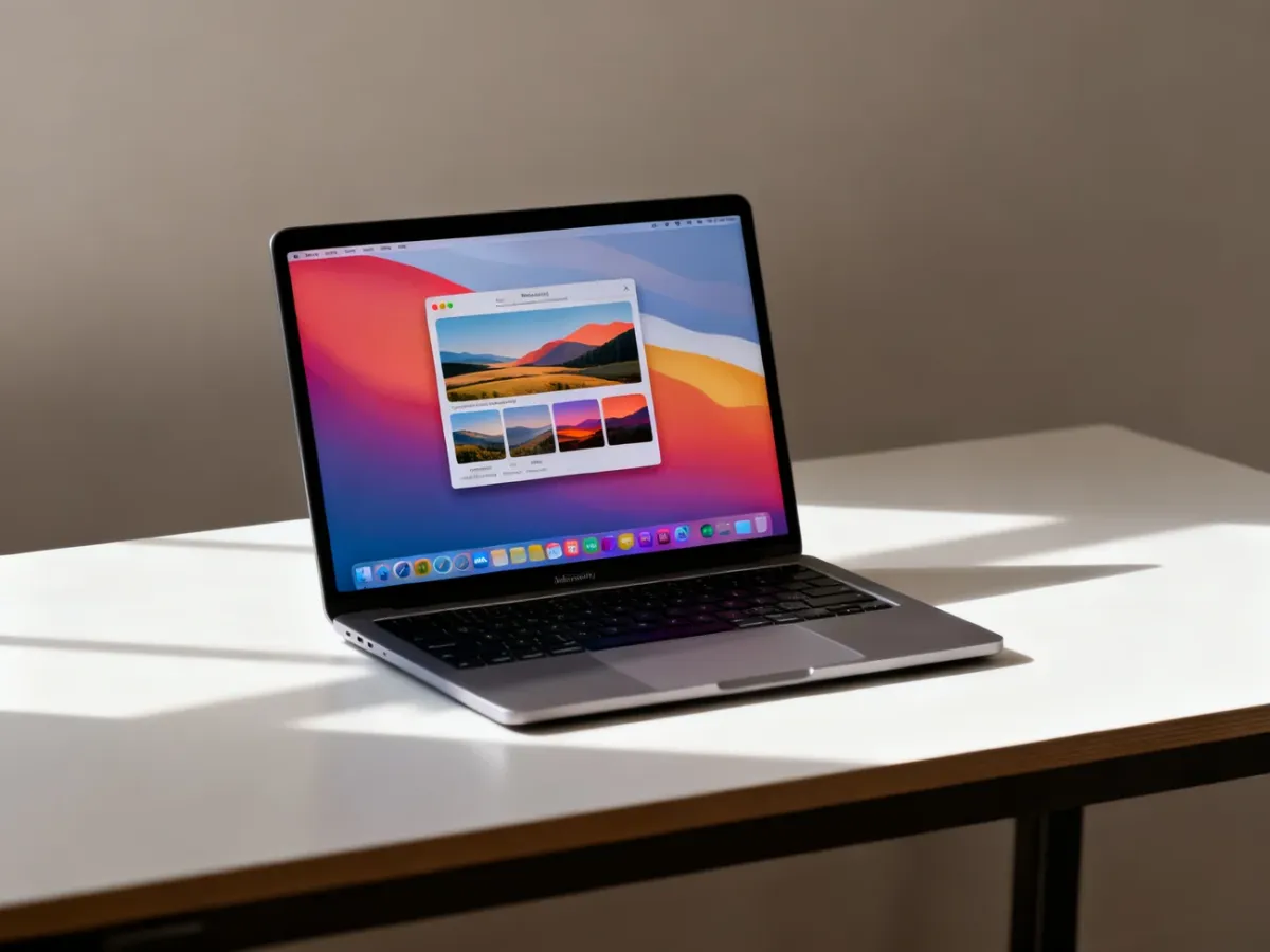 MacBook wyświetlający ustawienia tapety macOS z podglądem krajobrazu