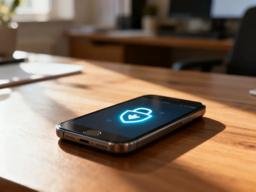 Nowoczesny smartfon na biurku z ikoną bezpiecznej weryfikacji na ekranie, symbolizującą sprawdzenie statusu spłaty urządzenia.