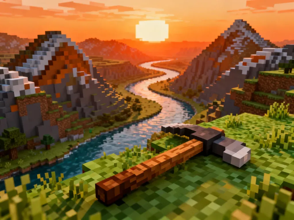 Wirtualny świat w stylu voxel z drewnianym kilofem na pierwszym planie, przypominający estetykę gry Minecraft.
