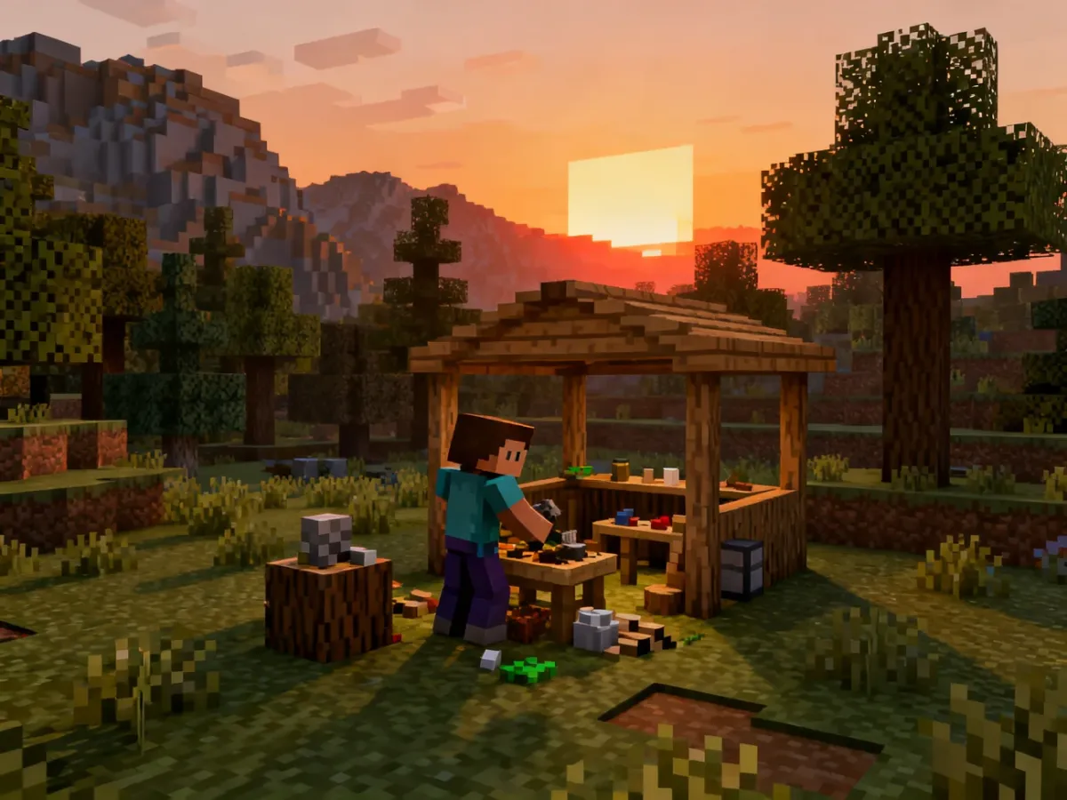 Wokselowy świat survivalowy z graczem i schronieniem