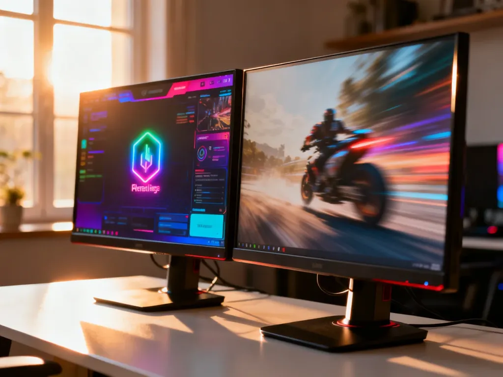Dwa nowoczesne monitory gamingowe na biurku, prezentujące płynność obrazu i technologię zmiennej częstotliwości odświeżania.