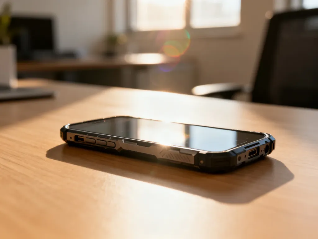 Nowoczesny, wytrzymały smartfon Blackview leżący na minimalistycznym drewnianym biurku w słonecznym biurze.