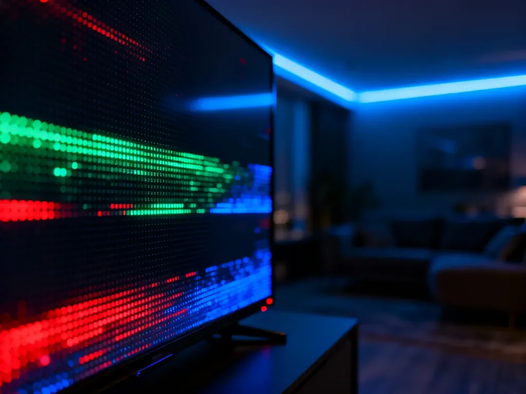 Zbliżenie na strukturę subpikseli matrycy OLED, ukazujące głębię czerni oraz nasycone kolory diod LED.