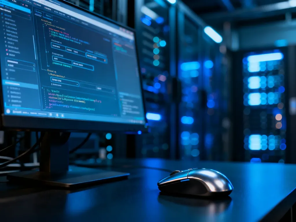Ekran komputera z zaawansowanymi ustawieniami systemowymi i kodem w nowoczesnym, technologicznym otoczeniu.