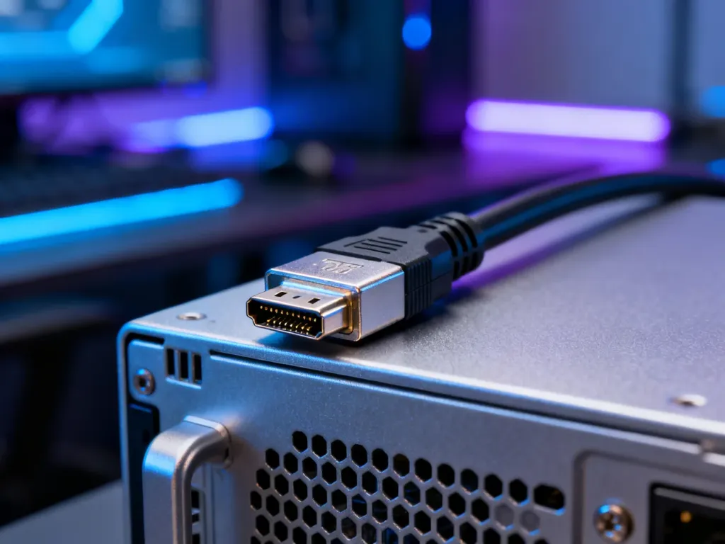 Zbliżenie na wtyczkę kabla DisplayPort 2.0 spoczywającą na metalowej obudowie komputera w nowoczesnym, futurystycznym otoczeniu.