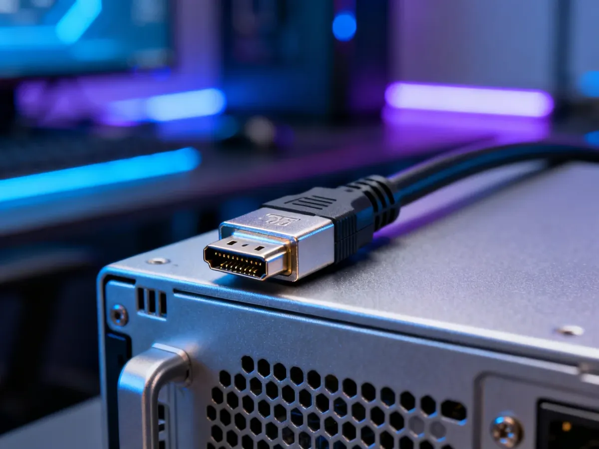 Zbliżenie na wtyczkę kabla DisplayPort 2.0 spoczywającą na metalowej obudowie komputera w nowoczesnym, futurystycznym otoczeniu.