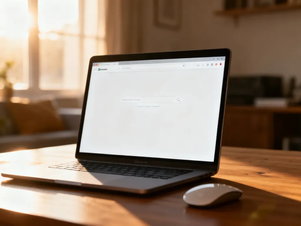 Nowoczesny laptop z otwartą stroną wyszukiwarki na biurku w przytulnym domowym biurze.