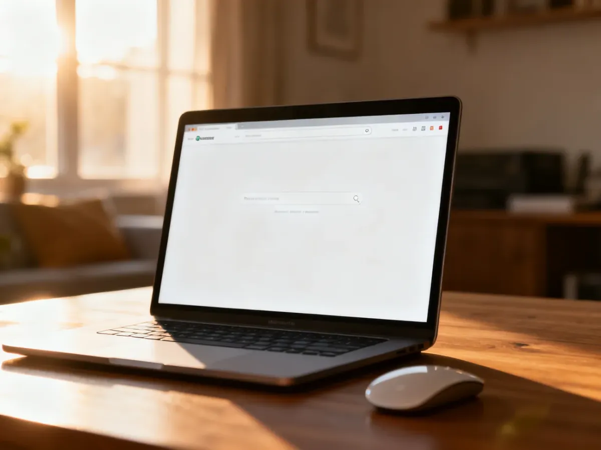 Nowoczesny laptop z otwartą stroną wyszukiwarki na biurku w przytulnym domowym biurze.