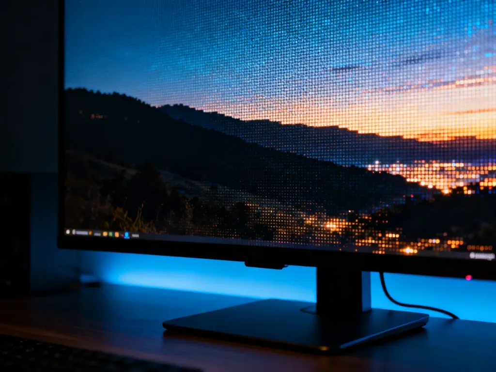 Monitor wyświetlający kontrastowy krajobraz, prezentujący różnicę w jakości obrazu dzięki technologii HDR.
