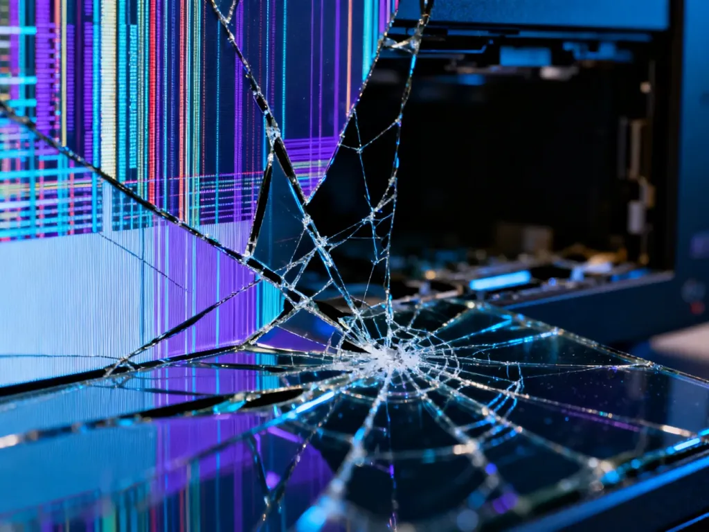 Zbliżenie na uszkodzoną matrycę LCD z widocznymi pęknięciami oraz chaotycznymi liniami pikseli w odcieniach błękitu i fioletu.