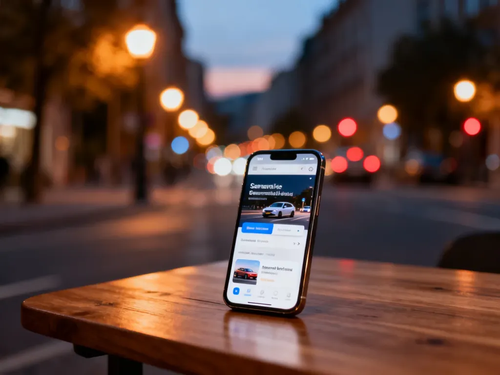 Smartfon z otwartą stroną internetową do zamawiania przejazdów, leżący na drewnianym stole na tle wieczornego miasta.