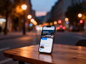 Smartfon z ikoną aplikacji Gmail na ekranie, otoczony cyfrowymi elementami interfejsu na tle minimalistycznego biurka.