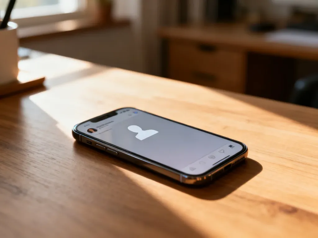 Smartfon z ikoną anonimowego profilu na ekranie, leżący na drewnianym biurku w przytulnym domowym biurze.
