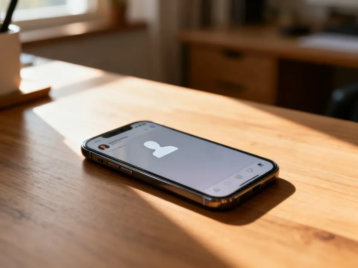 Smartfon z ikoną anonimowego profilu na ekranie, leżący na drewnianym biurku w przytulnym domowym biurze.