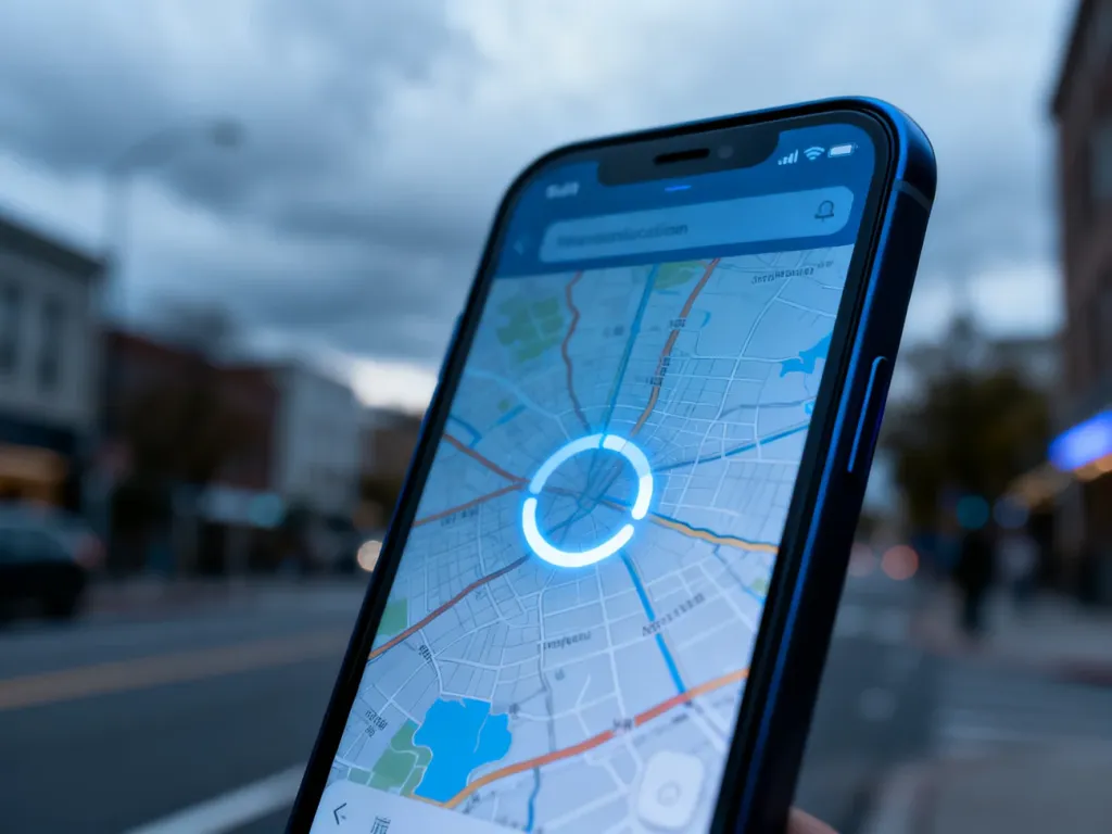 Smartfon z zawieszoną mapą nawigacji i ikoną ładowania, symbolizujący problemy z działaniem sygnału GPS.