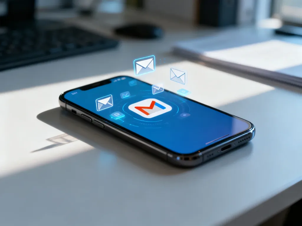 Smartfon z ikoną aplikacji Gmail na ekranie, otoczony cyfrowymi elementami interfejsu na tle minimalistycznego biurka.