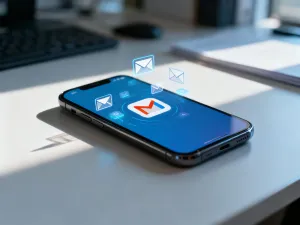 Czarny smartfon z ikoną rozładowanej baterii na ekranie, leżący na minimalistycznym biurku w domowym biurze.