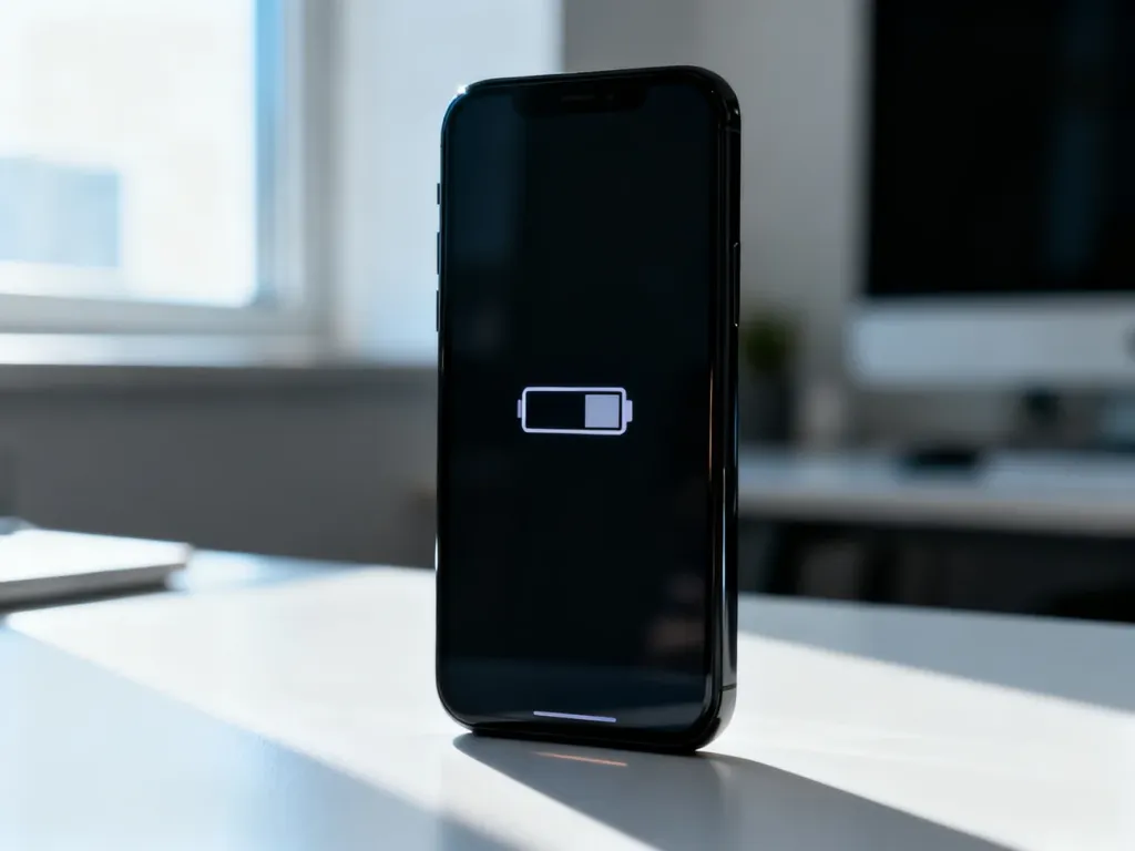 Czarny smartfon z ikoną rozładowanej baterii na ekranie, leżący na minimalistycznym biurku w domowym biurze.