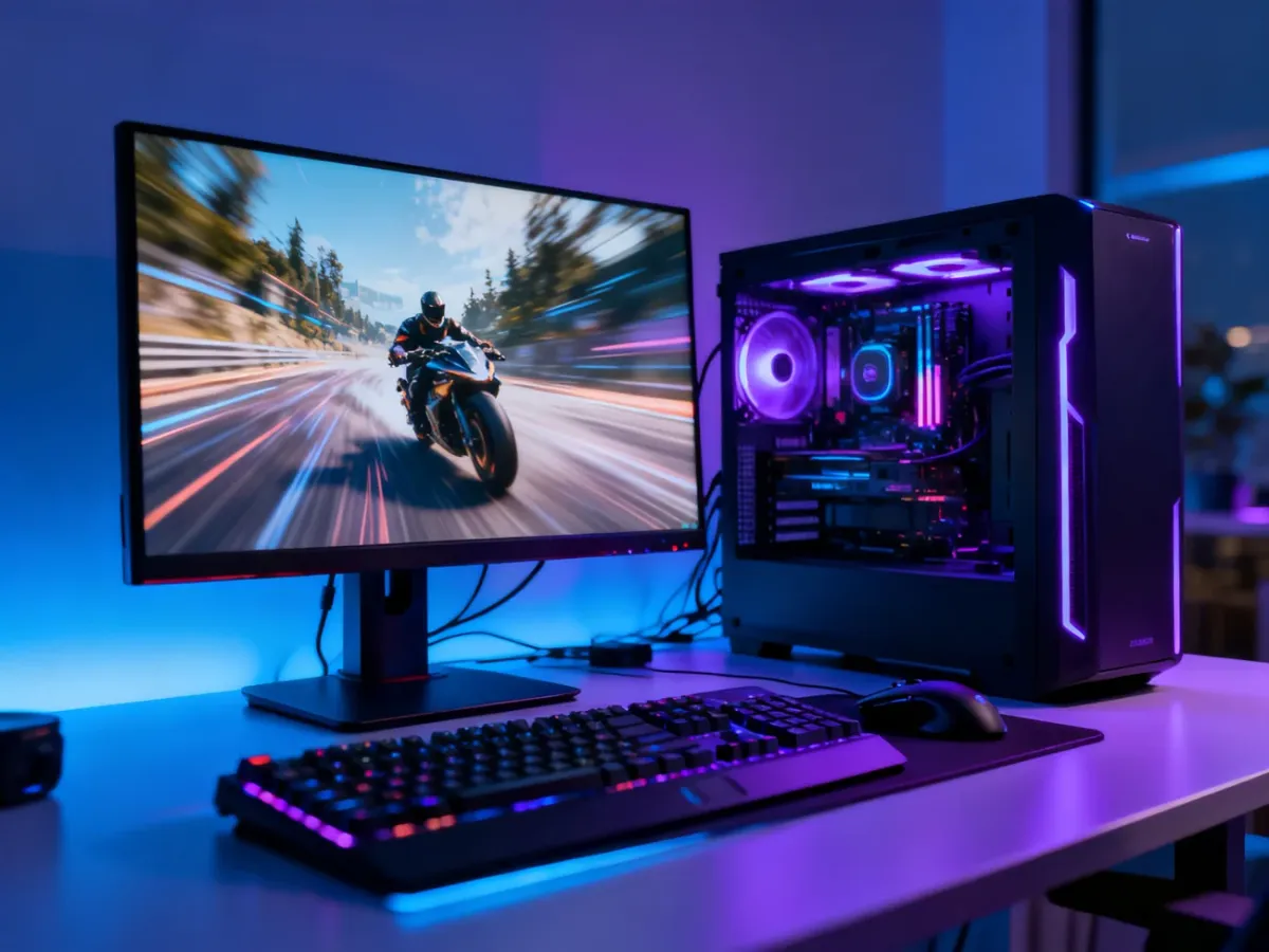 Gaming computer and monitor illustrating FPS and refresh rate