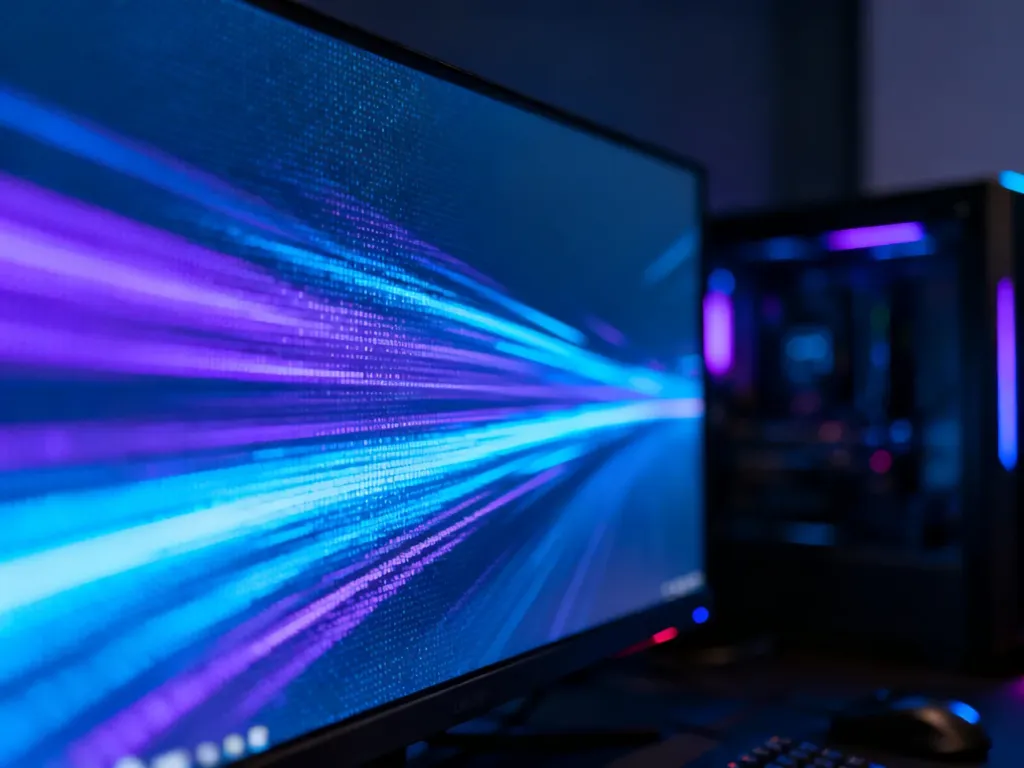 Nowoczesny monitor gamingowy wyświetlający płynną, dynamiczną grafikę z neonowymi smugami światła.
