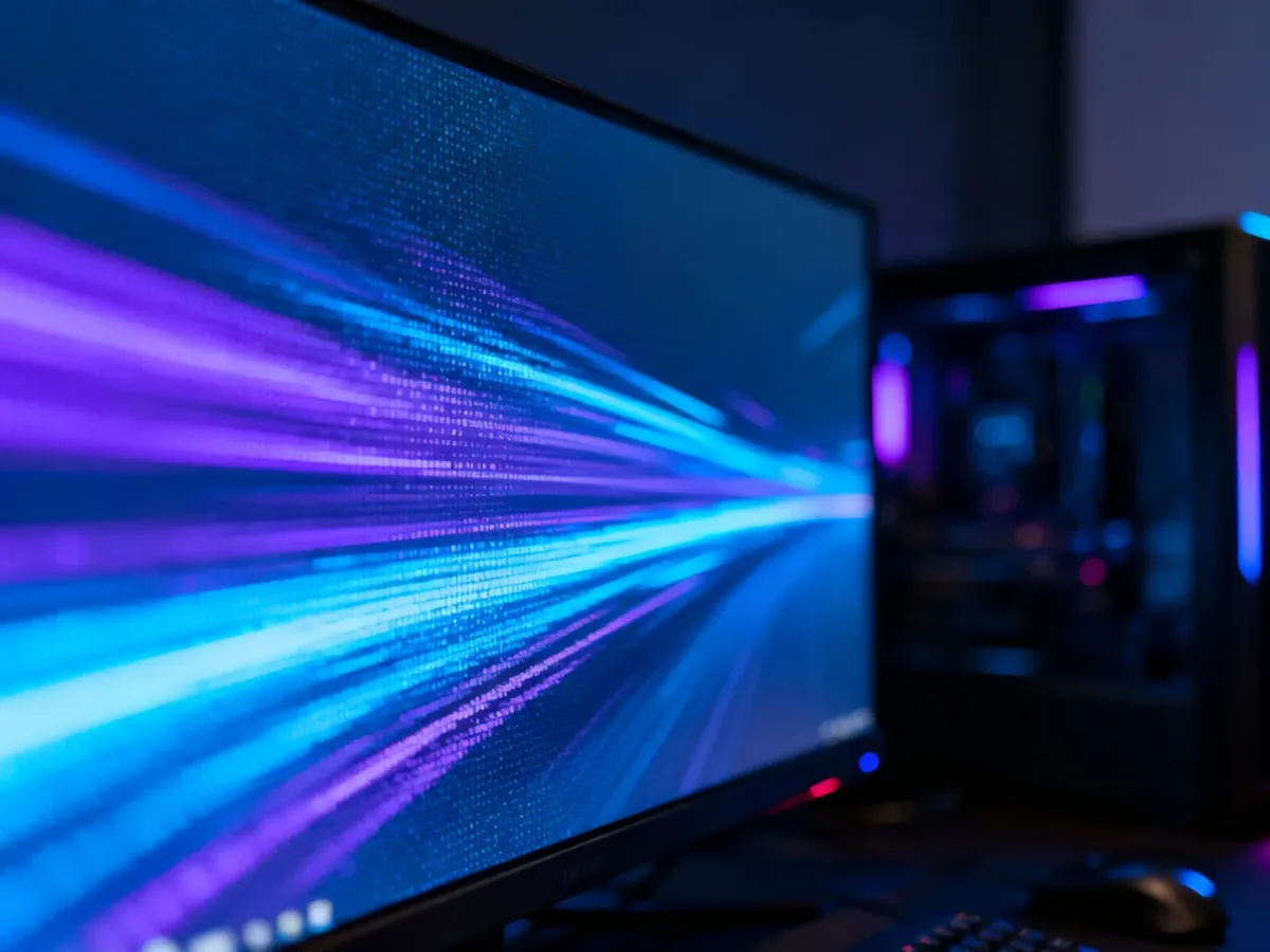 Nowoczesny monitor gamingowy wyświetlający płynną, dynamiczną grafikę z neonowymi smugami światła.