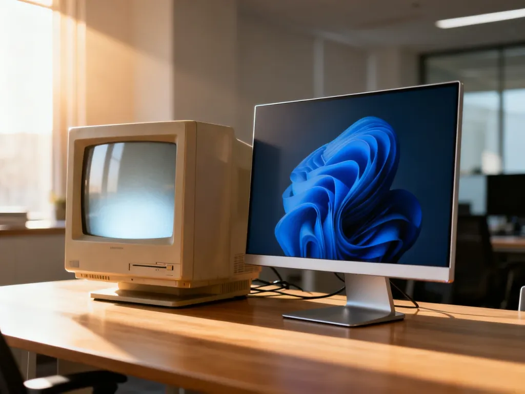 Porównanie zestawionych obok siebie starego monitora CRT oraz nowoczesnego, płaskiego ekranu LCD na biurku.