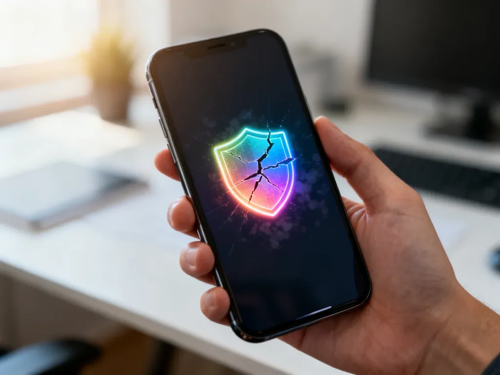 Nowoczesny smartfon z ikoną pękającej tarczy na ekranie, symbolizującą wyłączanie filtrów bezpieczeństwa SafeSearch.