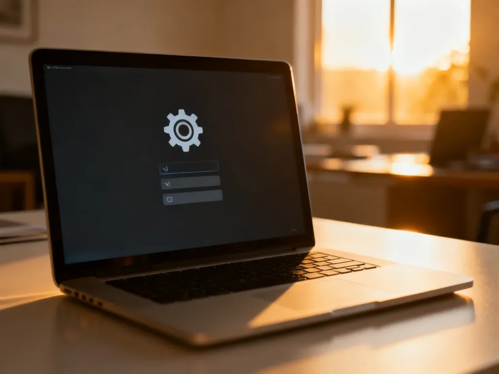 Nowoczesny laptop z otwartym menu ustawień na biurku w słonecznym domowym biurze.