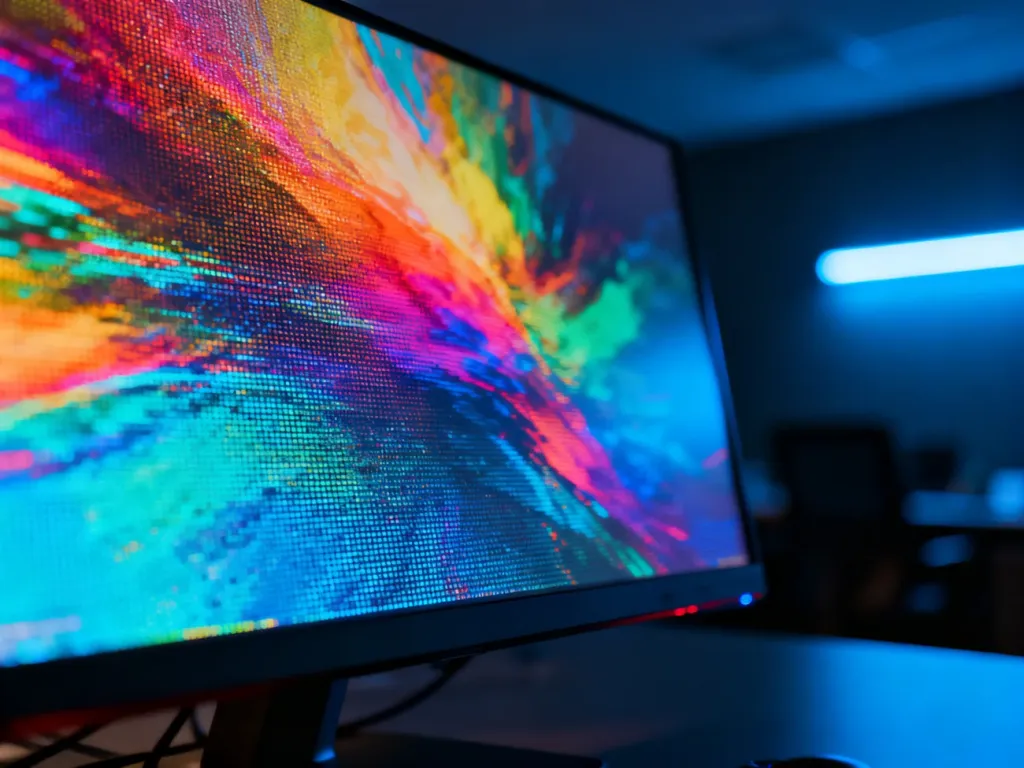 Zbliżenie na strukturę subpikseli matrycy IPS wyświetlającej żywe kolory, obrazujące precyzję technologii ekranu.